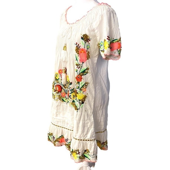 Las Noches IBIZA by Eric & Jack Womens Cream Floral Peasant Tunic Dress Medium - Picture 4 of 12